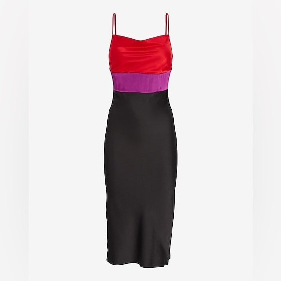 EXPRESS Satin Color Block Tier Cowl Neck Midi Slip Dress Size Small - Picture 1 of 8